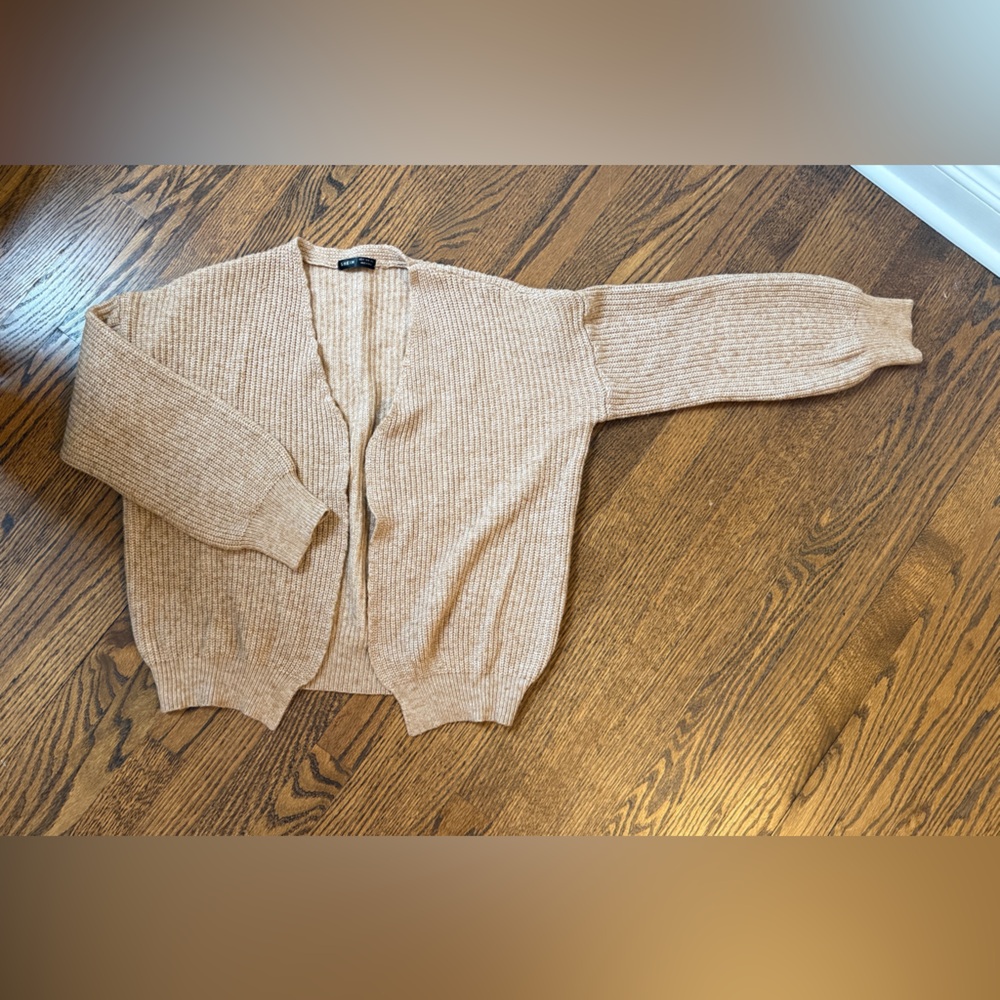 SHEIN Tan Ribbed Knit Open Front Drapey Sweater